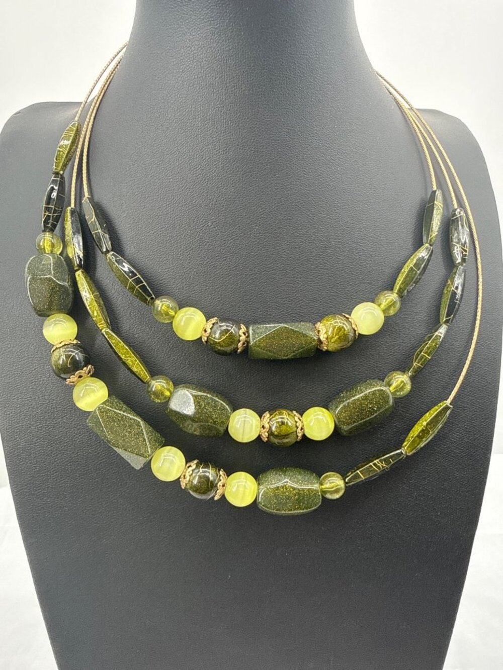 Vtg 3-Strand Olive Green Lucite Beaded Statement Necklace Retro MidCentury